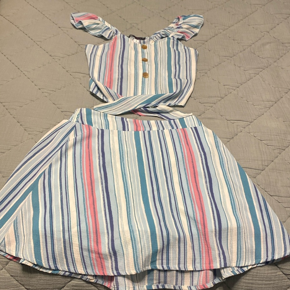 Xtraordinary Girls Skirt Set 2pc Matching Skort Blue With Pink Stripes Size 8